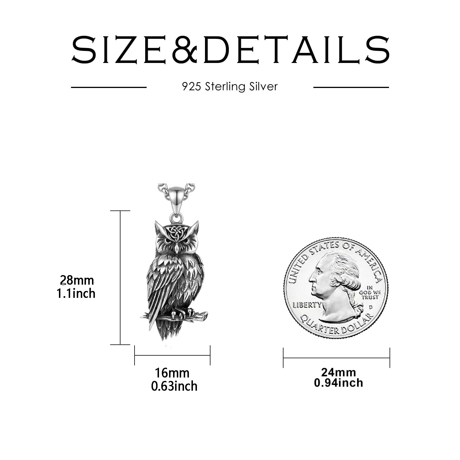 Eule Halskette 925 Sterling Silber Eulen anhänger Tierschmuck für Herren, mit Edelstahlkette 56+5 cm