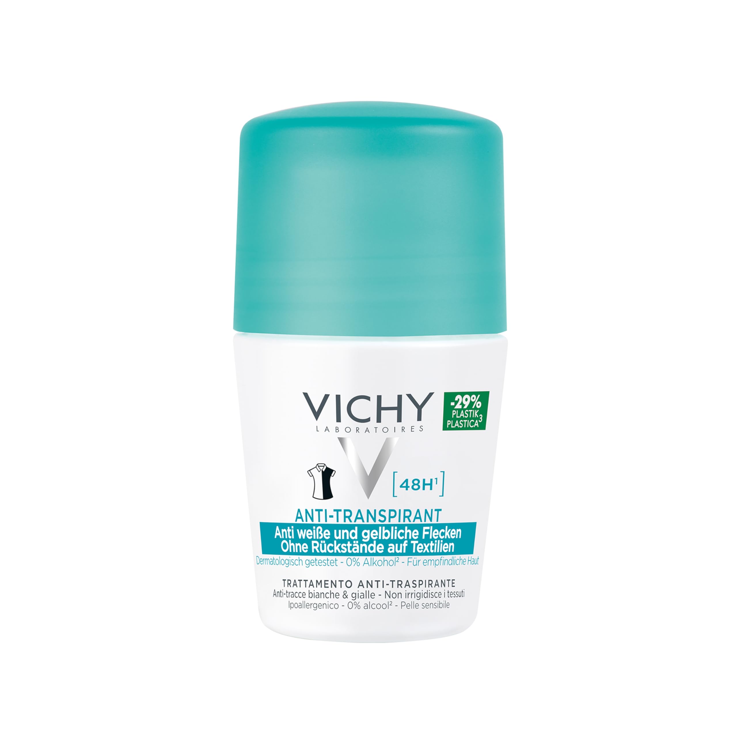 Vichy Anti-Transpirant 48h gegen Flecken, Deo-Roll-on für Frauen und Männer, Schweiß- und geruchshemmend, Keine Spuren auf der Kleidung, Mit Thermalwasser aus Vichy, Für empfindliche Haut, 50 ml
