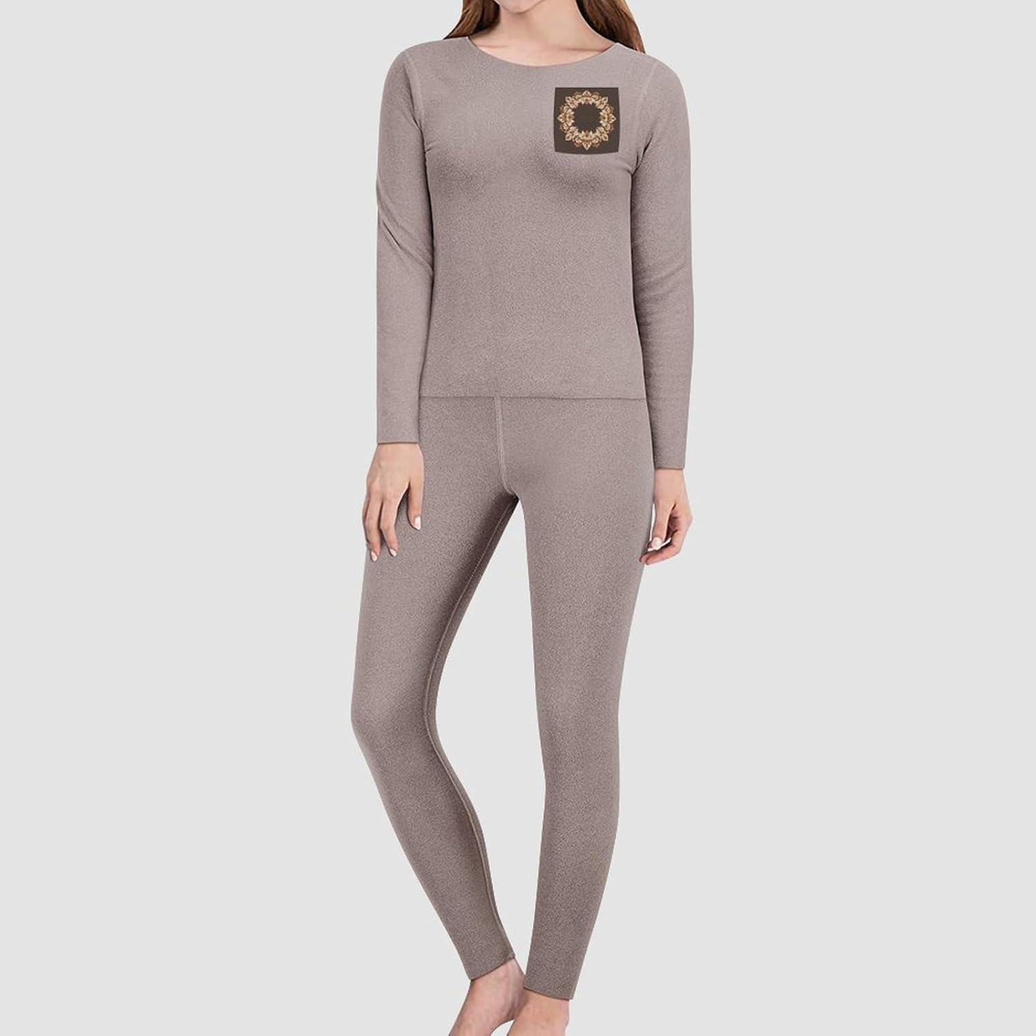 Brown Aesthetic Floral Wreath Thermal Underwear Set for Women Long Johns Women Base Layer Top Bottom for Cold Weather