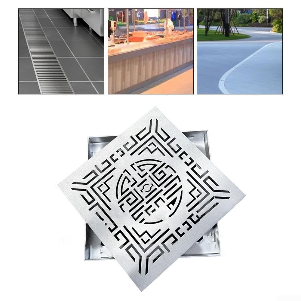 DAZZLEEX Copertura per pozzetto in acciaio inox, griglia di drenaggio per acqua piovana, decorativa, rettangolare, con telaio esterno per vialetti, giardini (300 x 300 x 20 x 2 mm)