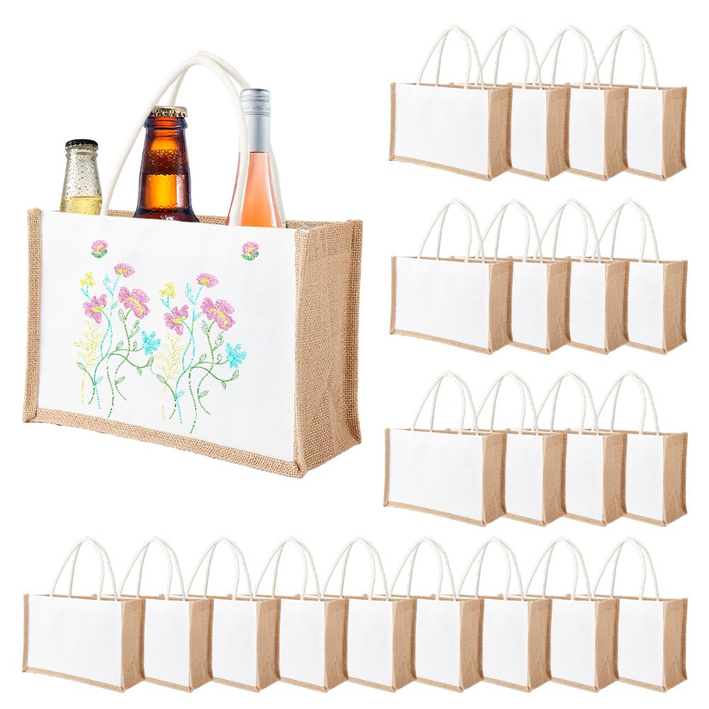 DICOSMETIC 22 Stück Leinen Tragetaschen Blanko Jute Taschen Mit Griff 21x32x13cm Wiederverwendbare Weiße Strand Taschen Für Einkauf Brautjungfern Hochzeit Geschenke DIY Basteln