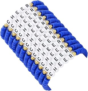 Caiyao 12Pcs Polymer Clay CHEER Stackable Friendship Bracelets Colorful Multilayer Heishi Surfer Clay Gold Beaded CHEER Stretch Bracelets for Women Men Game Day Jewelry Team Cheer Gifts