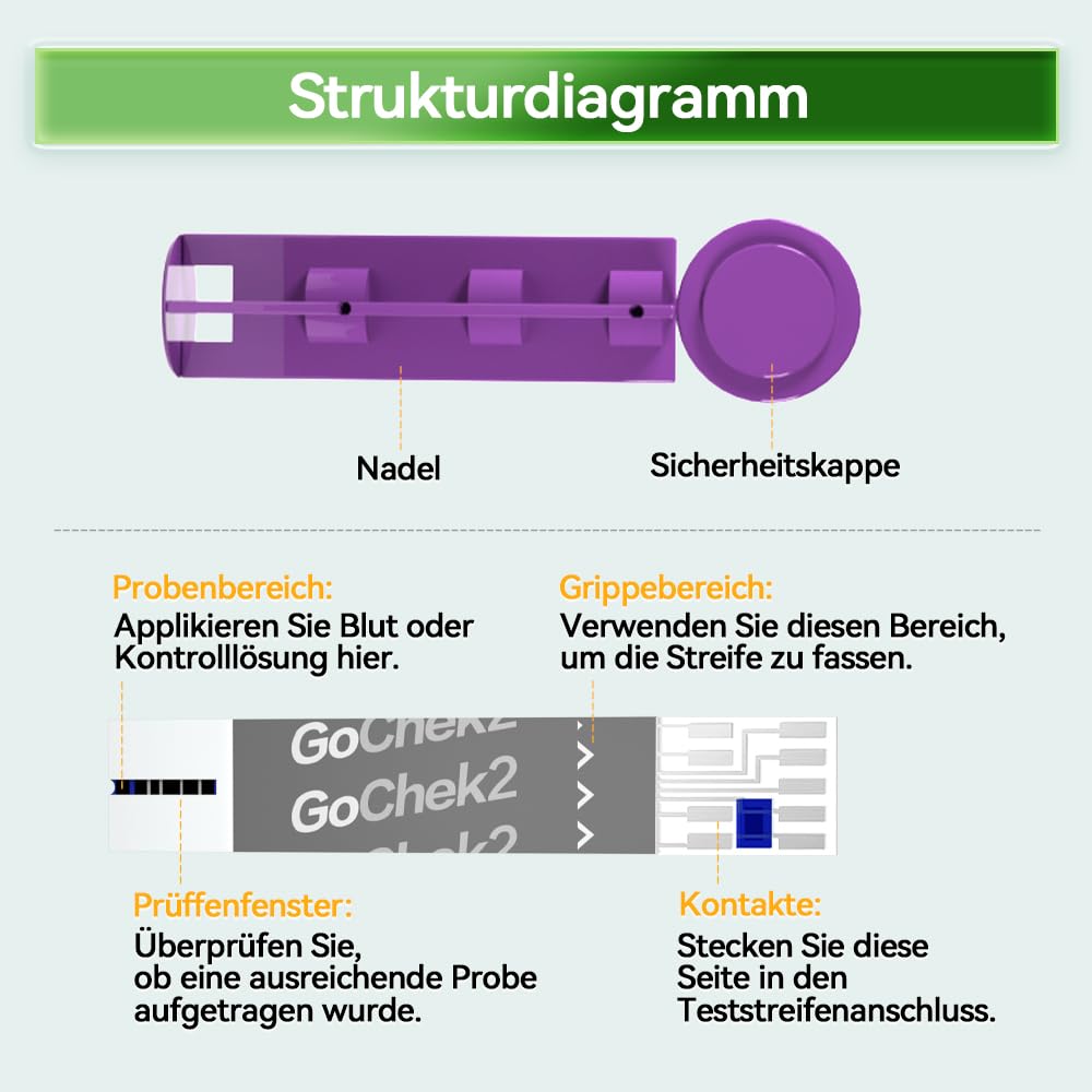 MicroTech Glukose-Teststreifen & Lanzetten, 180 Tage gültig, immun gegen Blutsauerstoff, nur für Gocheck2, 200 Stück