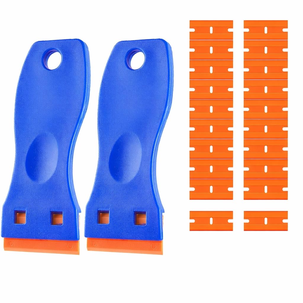 2 Pcs Plastic Scraper Tool Non Scratch with 20 Plastic Blades, Glass Scraper Blades for Removing Glue Stickers Decals Labels & Adhesive Residue from Glass Windows Car
