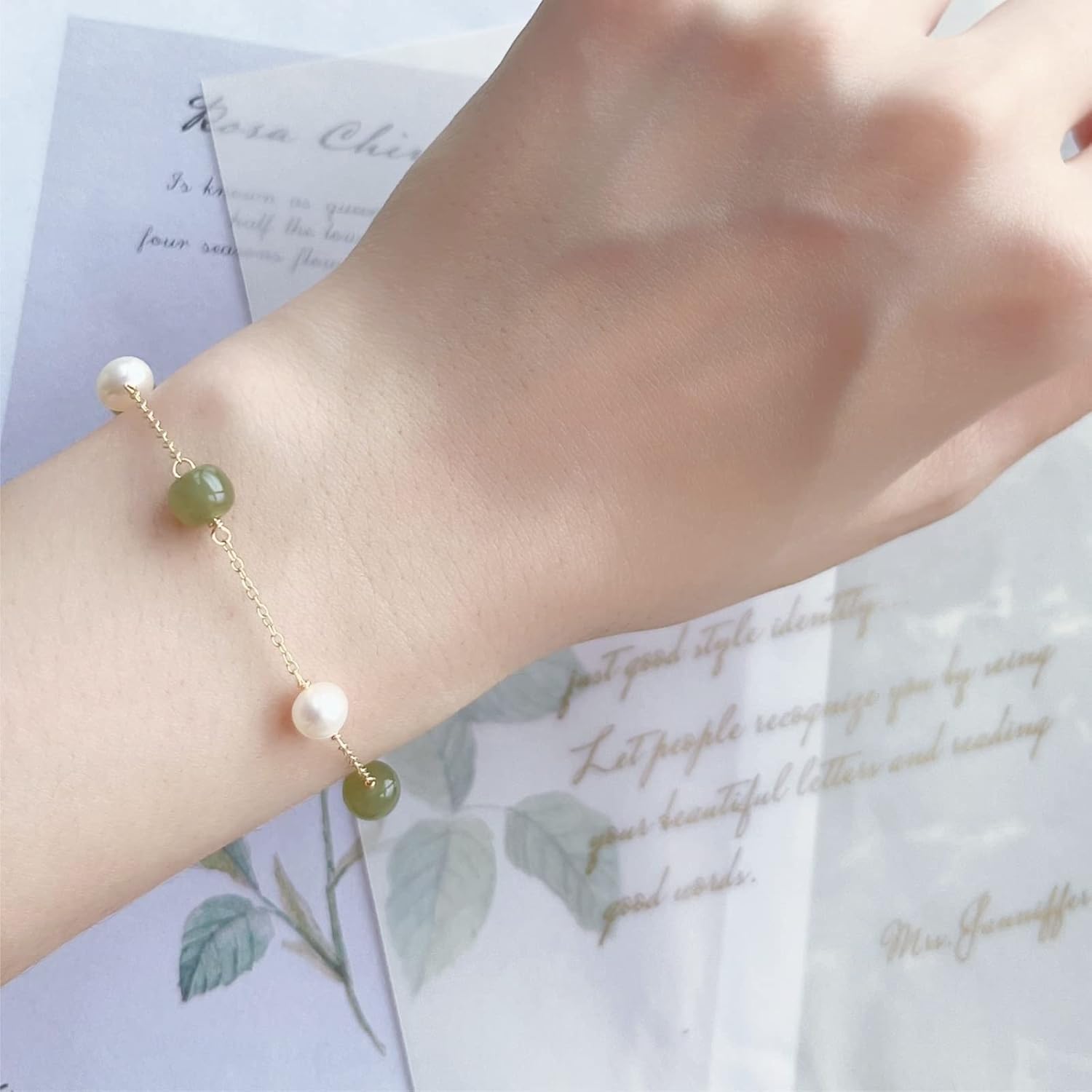 Natural Hetian Jade & Pearls Beaded Necklace Bracelet Jewelry for Women, Lucky Green Jade White Pearl Charm Adjustable Chain Jewelry Gift for Mom Lover her