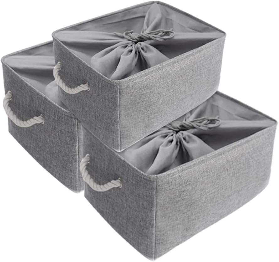 Set 3 Cestelli Storage In Tessuto - Con Manici In Pelle, Pieghevoli, Per Vestiti E Giocattoli, Grigio Large - Foto 4