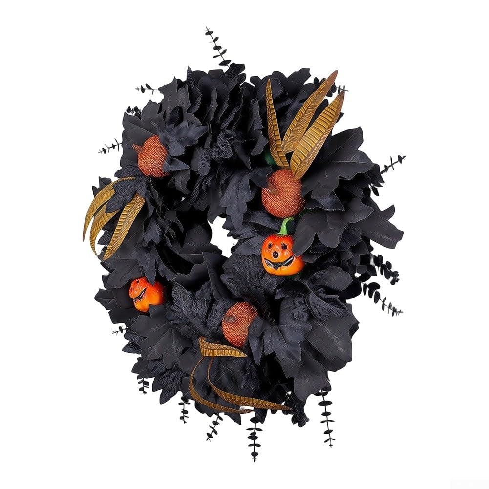 Dekoracja na drzwi Halloween 50 cm czarne realistyczne liście dynia