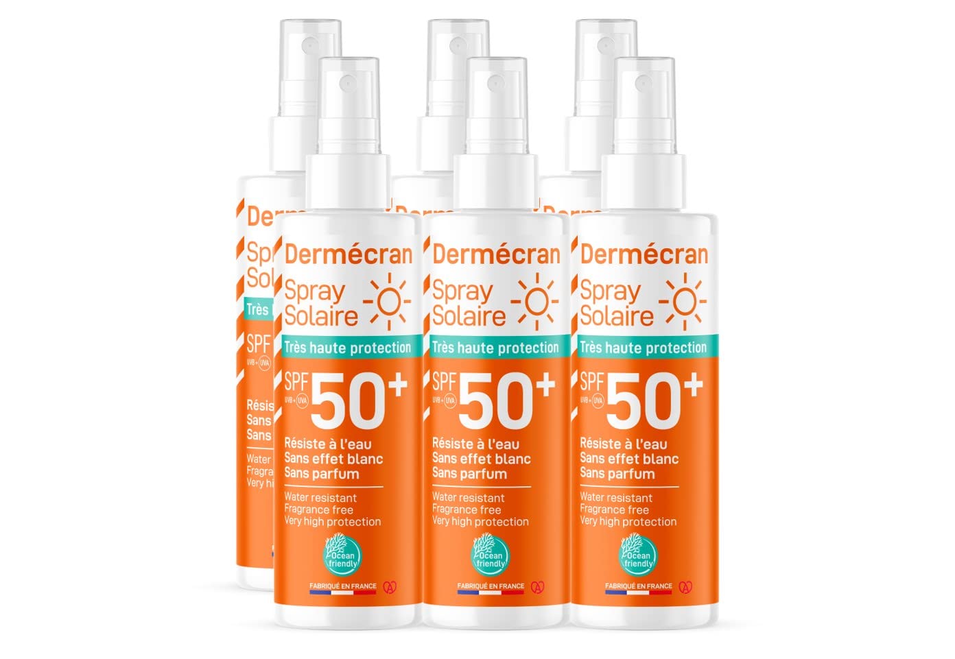 Set di 6 - Dermécran - Spray solare SPF50+ - Viso e corpo - Formula Ocean Friendly - Resistente all'acqua - Per tutta la famiglia dai 3 anni - Made in France - Spray da 200 ml