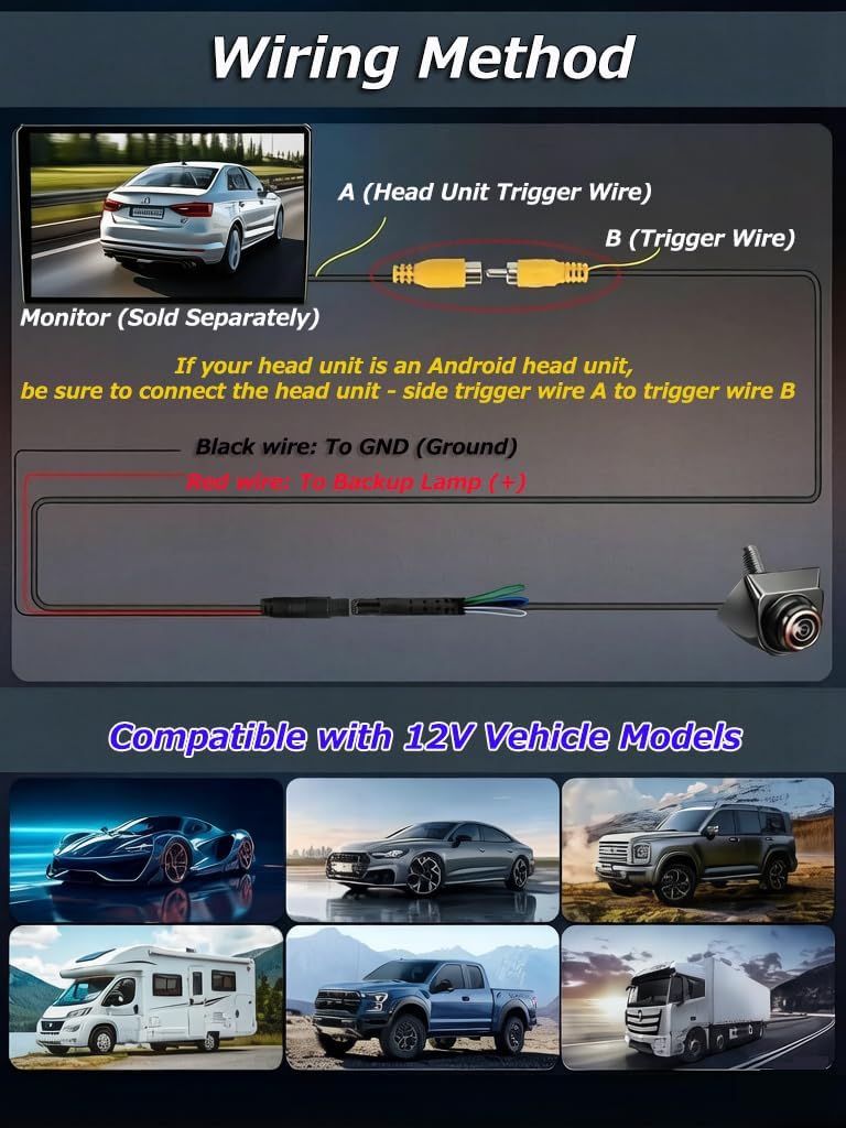 1080P AHD Backup Camera with 170° Wide Angle, 360° Rotatable, Night Vision, IP69K Waterproof - Front/Rear/Side View Reverse Camera for Trucks, Cars, SUVs (AHD1080P)