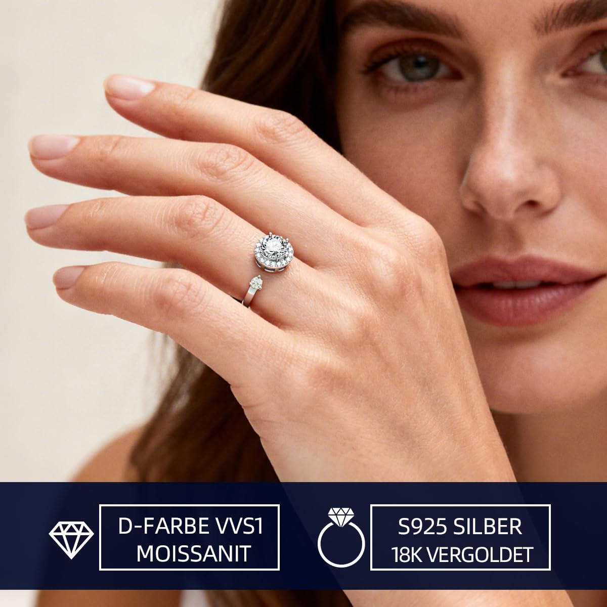 FEIKFEIZ Damen-Moissanit-Ring, 1 CT im Labor gezüchtete Diamanten, 925er Silber mit 18K Weißgold plattiert, verstellbarer Silberring, Verlobungsring, Schmuckgeschenk.