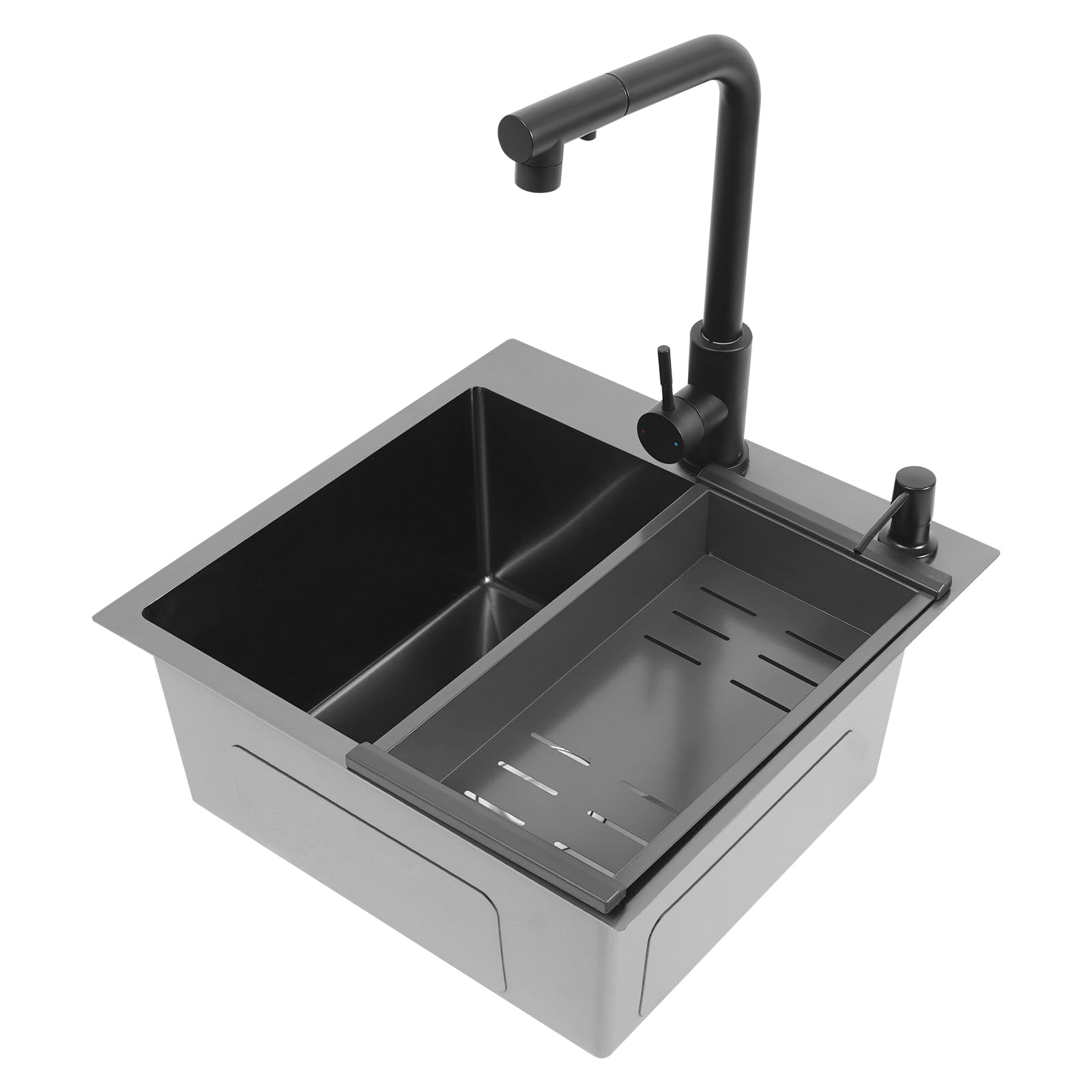 Fregadero de cocina negro de acero inoxidable, 45 x 45 x 18 cm, con grifo extraíble, escurridor, dispensador de jabón, tubo de sifón, dispensador de jabón, válvulas de esquina, para cocina