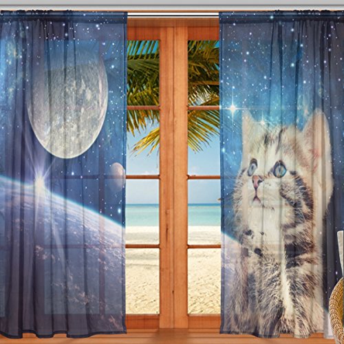 マキク(MAKIKU) カーテン レース 遮光 レースカーテン uvカット 断熱 ドアカーテン おしゃれ シェードカーテン 遮熱 目隠し 洗える 幅140cm×丈200cm 2枚組 猫柄 宇宙柄 星柄
