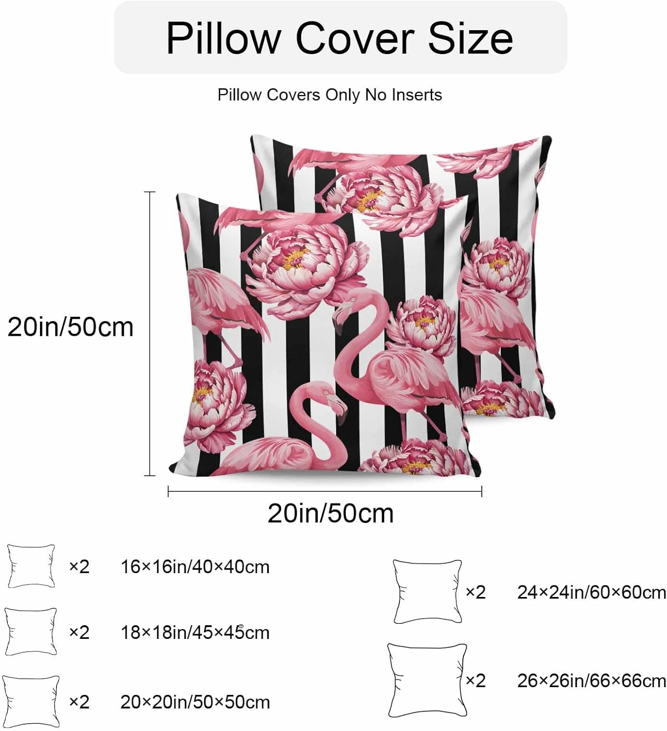 Waterproof Throw Pillow Covers, Summer Watercolor Pink Flamingo Flower Floral Print Black White Stripe Decorative Pillowcase Soft Cushion Case for Patio Couch Tent Balcony, Set of 2 Square, 20"X20"