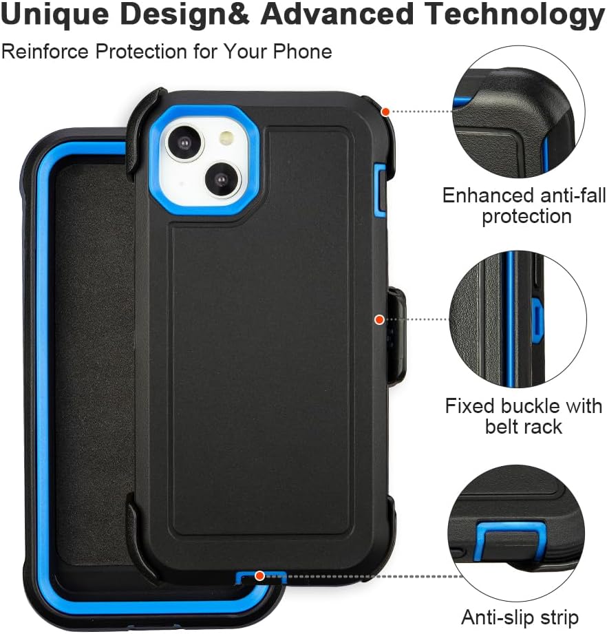 for Defender Black iPhone 15 Case with Clip,Shockproof Heavy Duty Rugged with Kickstand,2 Layers of Sturdy,Anti-Drop for Phone Case iPhone 15 Case Protective (Black+Blue)