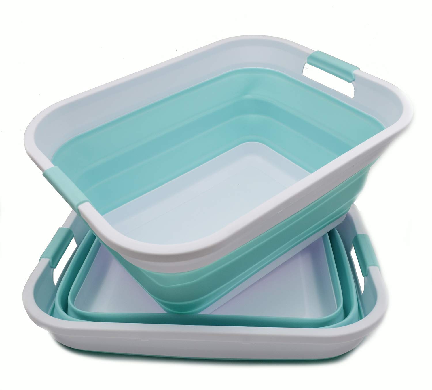 SAMMART Cesta plegable de plástico para la colada – Contenedor de almacenamiento plegable – Bañera portátil – Cesta de ahorro de espacio (blanco / verde lago, 2)