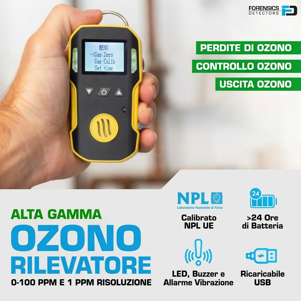 Rilevatore di Ozono Gassoso di Forensics | Certificato di Calibrazione EU | Ampio Intervallo di Misurazione 0-100 ppm O3 | Ricarica Tramite USB | Allarmi Regolabili |