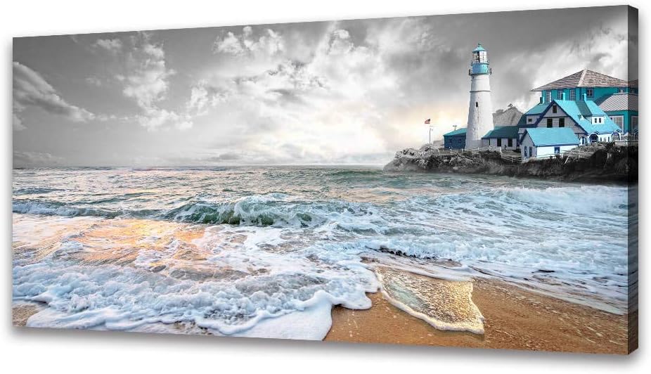 Canvas Wall Art for Bathroom - Black and White Wall Art Seascape Canvas Painting Nature Beach Pictures Prints Posters Blue Lighthouse Ocean Artwork for Bedroom Living Room Office Decor(20x40inx1)