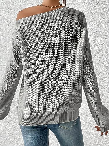 Image of SweatyRocks Women's Casual Lantern Long Sleeve Sweaters Crew Neck Ribbed Knitted Pullover Tops Light Grey L