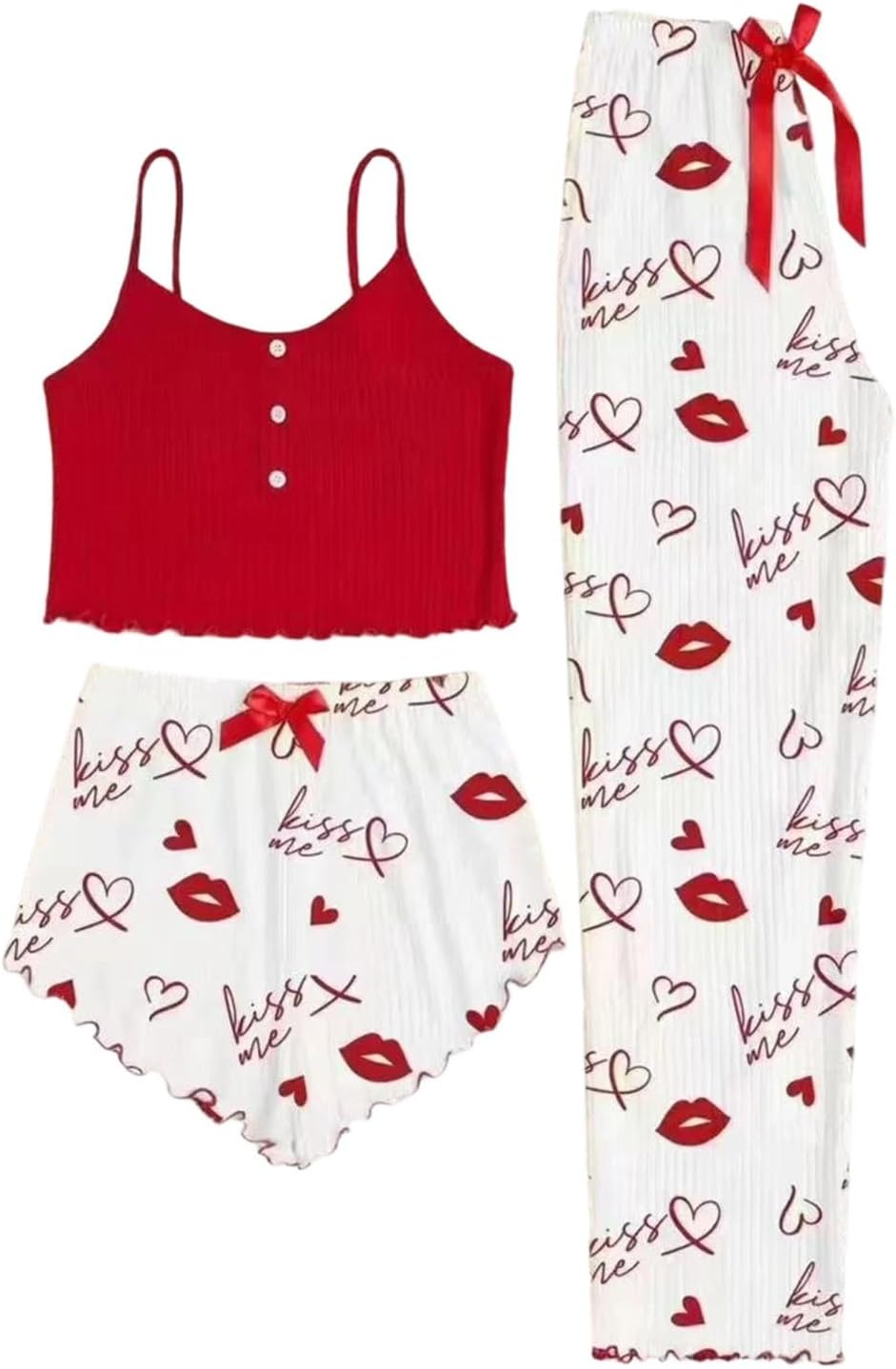 Women's 3 Piece Pajama Sets Heart Print Cami Top and Shorts & Pants Pj Sets Loungewear Soft Comfy Sleepwear