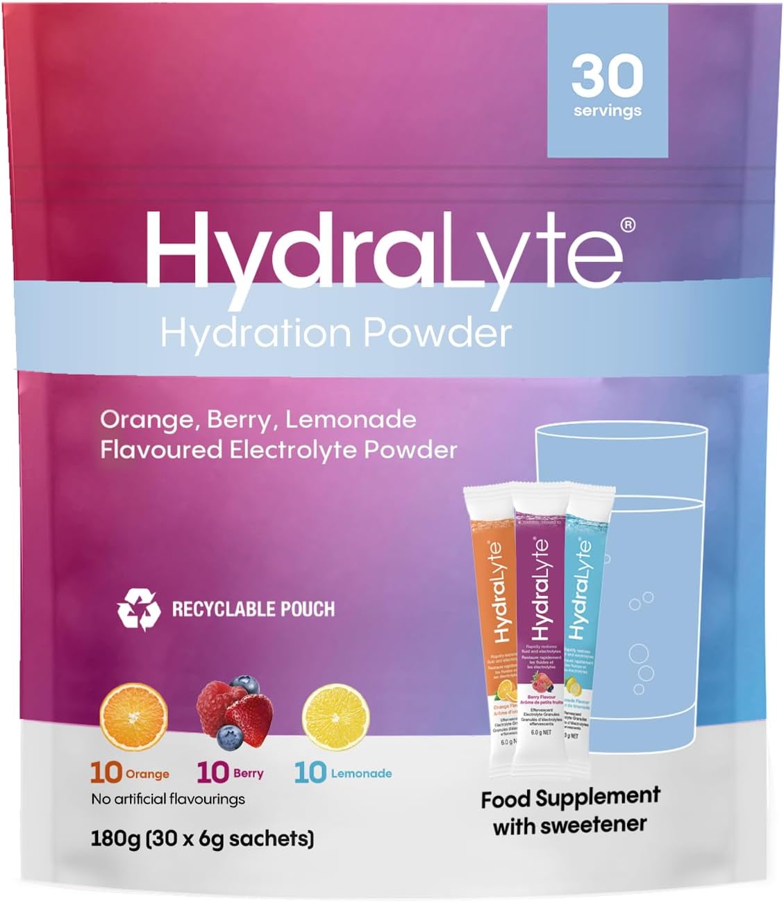 Effervescent Electrolytes Powder Sachets - Variety Pack: 30 Orange, Strawberry Lemonade, Lemonade Flavoured Sticks - Rapid Rehydration - Prevent Dehydration - Achieve Optimal Hydration