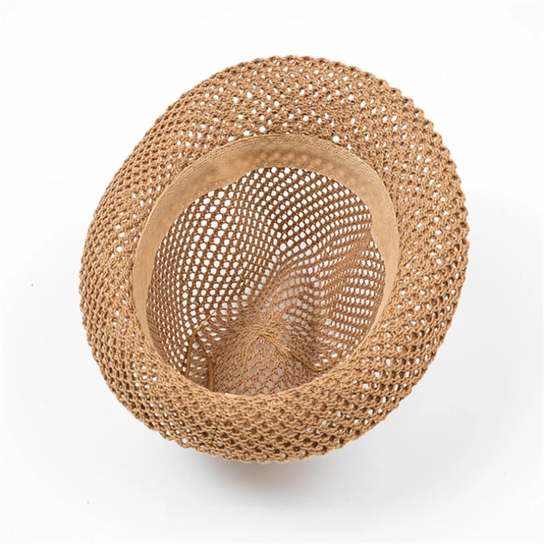 Cappello Panama unisex traspirante design a rete in cotone-poliestere materiale tesa compatta circonferenza testa Jazz Cap, Marrone, 7.125