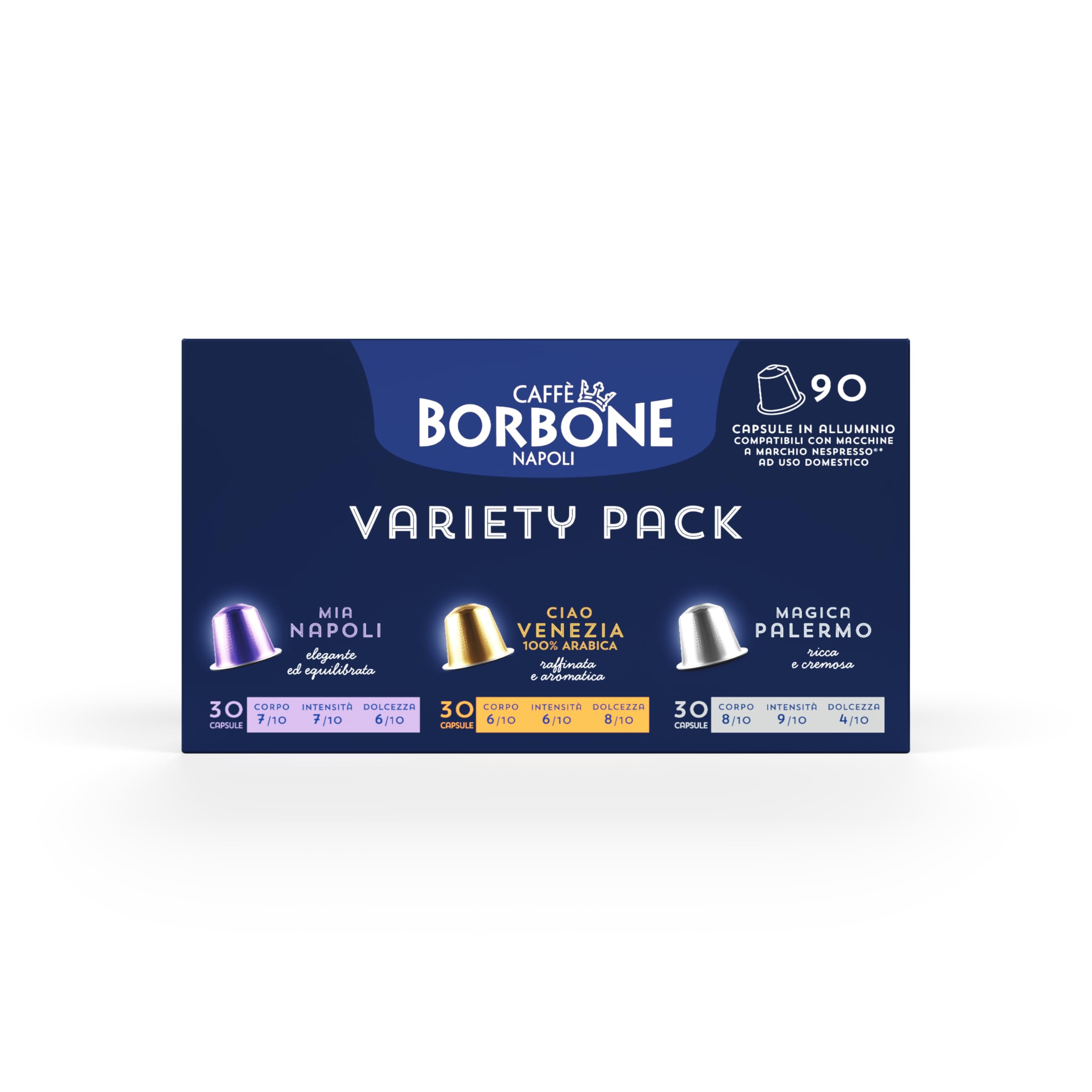 Caffè Borbone Tasting Kit of 90 Aluminium Coffee Capsules (3 Packs of 30) - 30 Mia Napoli, 30 Ciao Venezia, 30 Magica Palermo - Compatible With Nespresso* Machines for Domestic Use