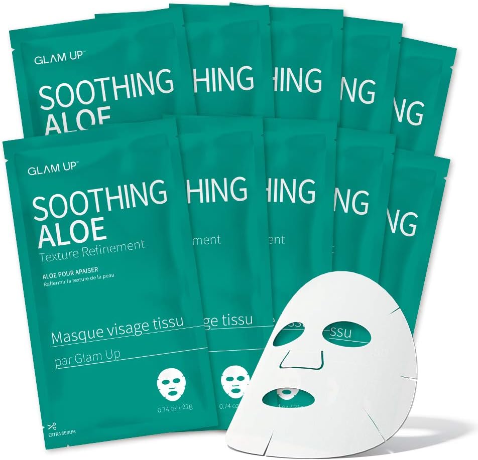 GLAM UP Sheet Mask Soothing Aloe (10 sheets) - Intense Hydration, Soothes Dry Skin