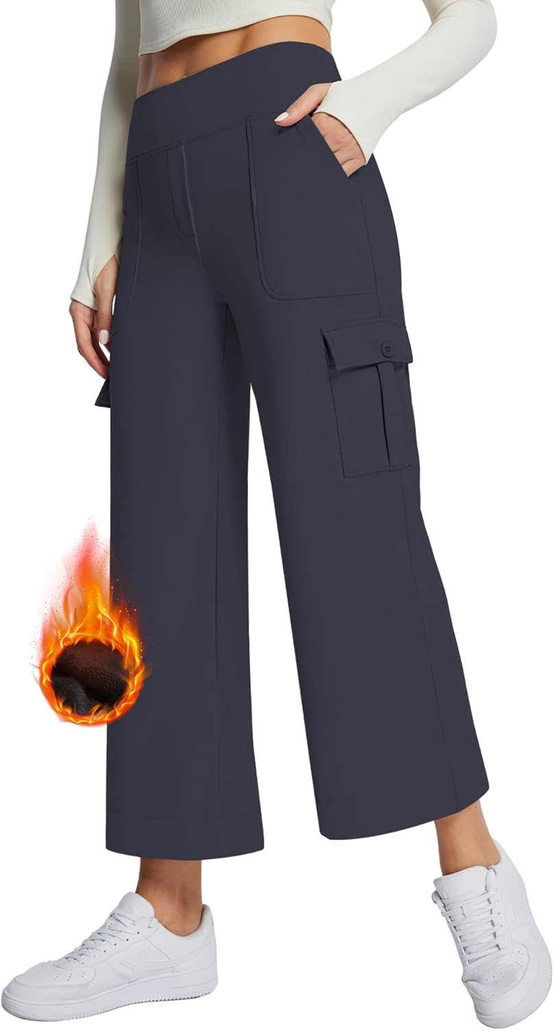 Casei Wide Leg Cropped Pants for Women with Cargo Pockets Fleece Lined High Waist Sweatpants for Yoga Work Petite/Regular