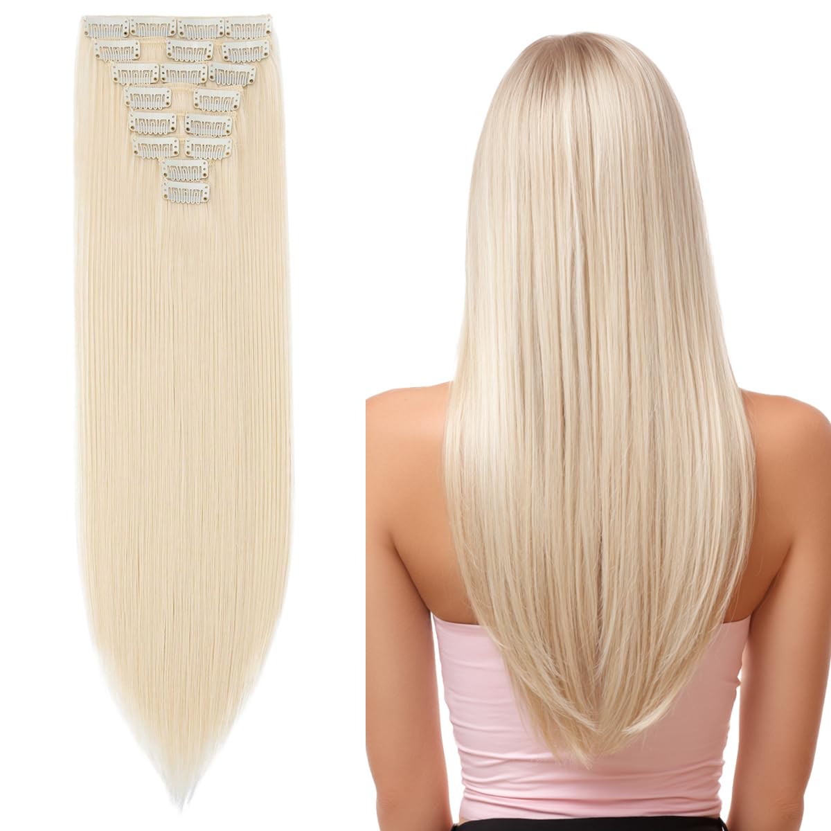 SEGO Pro Clip in Hair Extensions 8 Pcs 18 Clips Full Head Synthetic Fiber Hair Pieces for Women Straight 26 Inch (Pale Blonde)