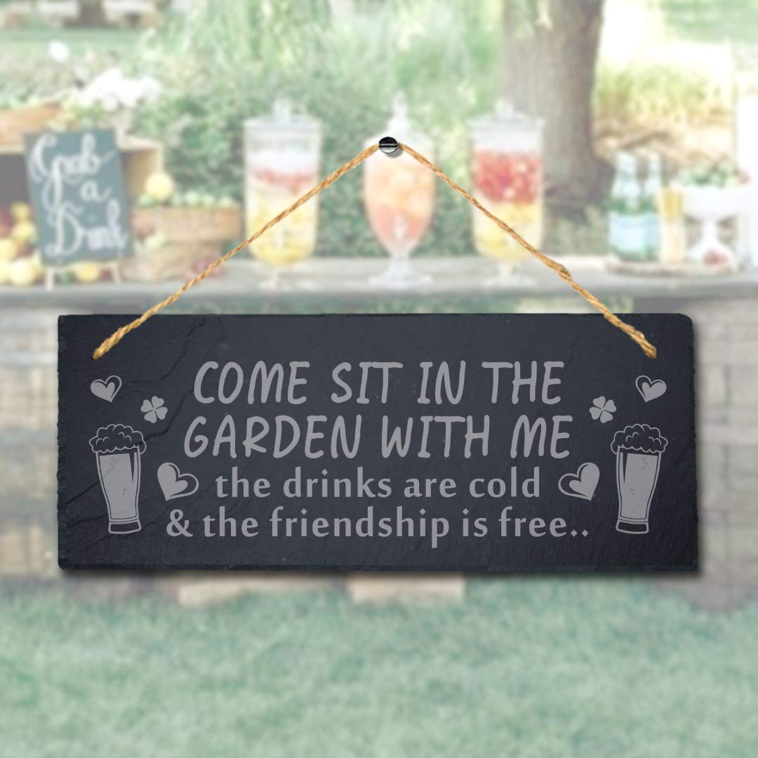 Stukk Natural Engraved Slate Stone Plaque Come Sit Friendship Hanging Garden Sign, 30X12cm