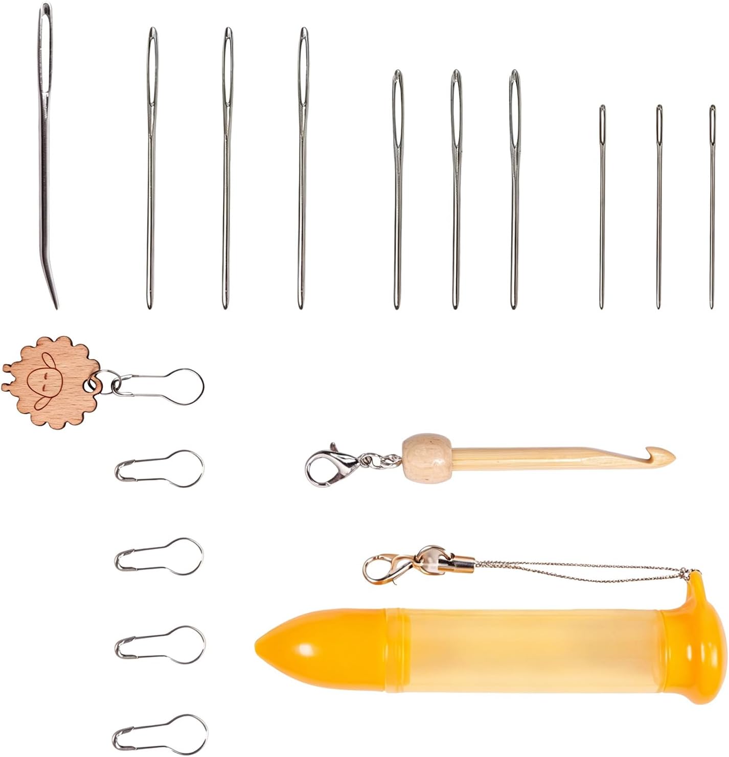 Portable Knitting Accessory Set with Wooden Crochet Hook, Row Markers and Carry Storage Tube Accessory for Travel Mending Tool