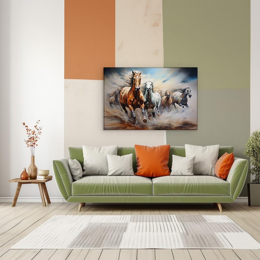 Canvas for Living Room. Galloping Fury Unleashed Five Majestic Horses Charge Across The Stormy Sands, 27 x 18 inch Canvas Wall Art - Ready to Hang