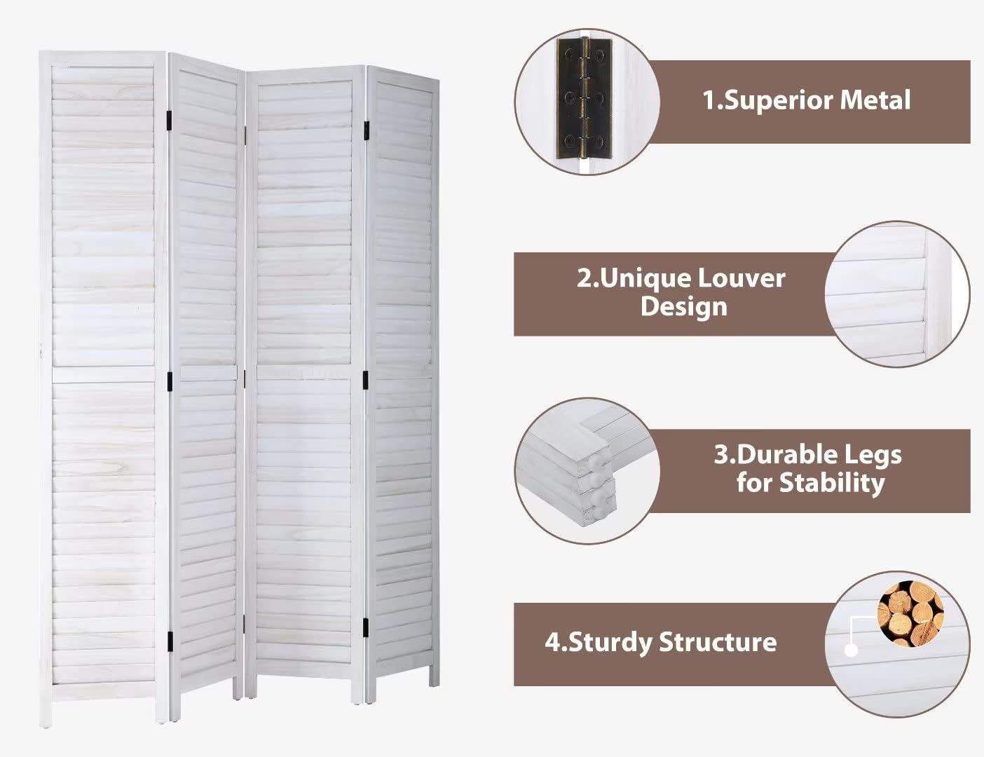 4-Panel Room Divider Louvered Divider Screen Room dividers and Folding Privacy Screens Solid Wood Blackout Privacy Screen Portable Freestanding Room dividers for Home Office Restaurant Bedroom(White)