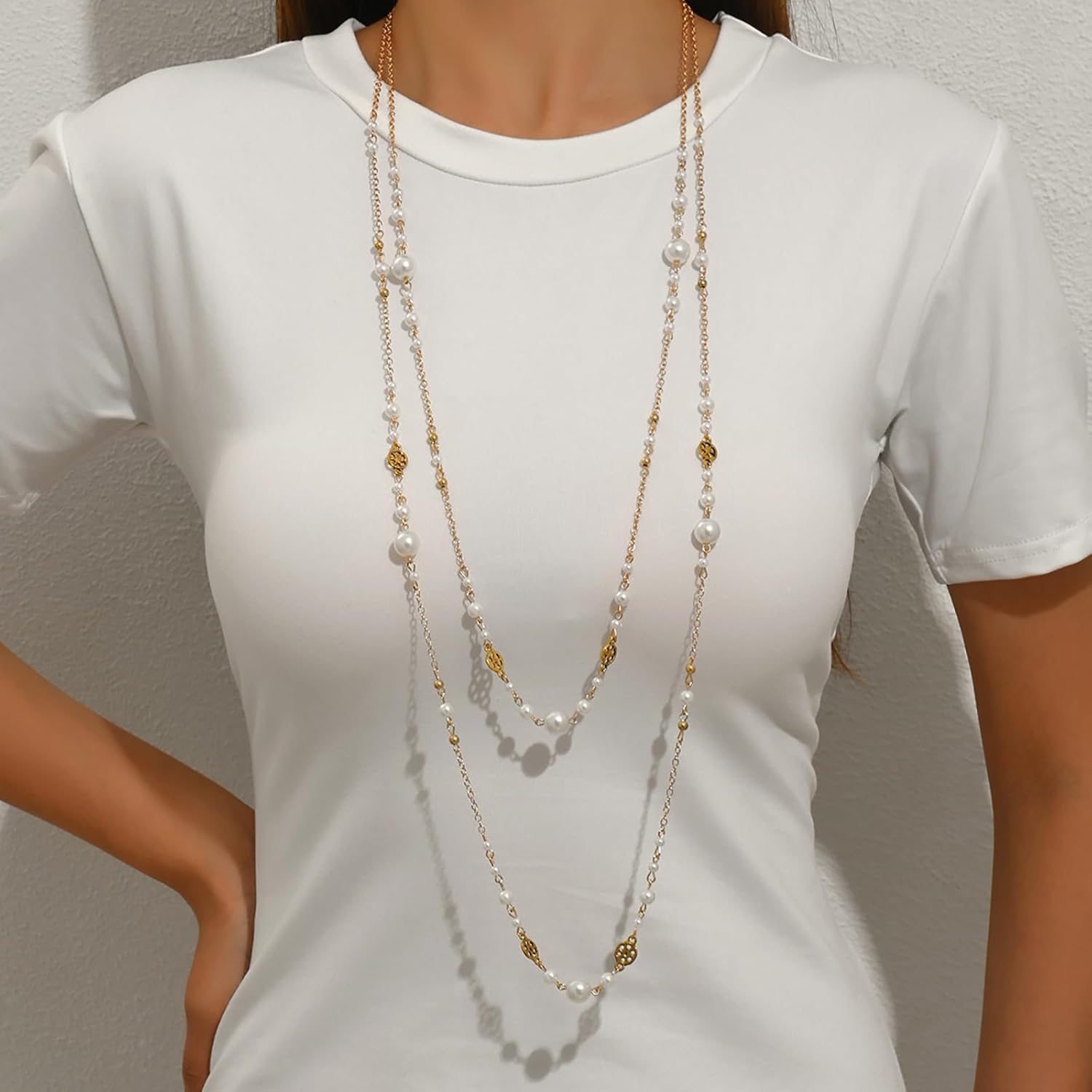 Long Pearl Necklaces for Women, Long Chain Necklace, Trendy Dainty and Gold Necklace Dainty Gold And Layered Pearl Necklace Flower Statement Sweater Strand Choker Silver Chain - Image 4
