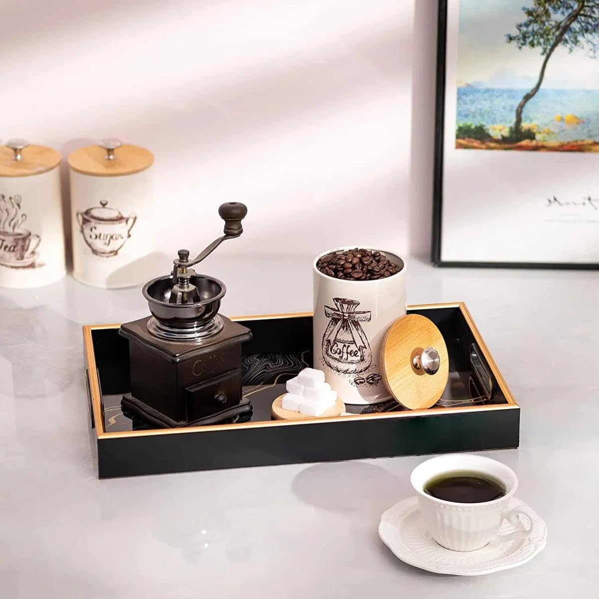Vassoio di Lusso Nero Oro 45x30 cm – Elegante Piatto da Servizio in Vetro e Plastica – Moderno Vassoio Decorativo con Maniglie – Organizzatore Elegante per Soggiorno, Cucina o Camera da Letto