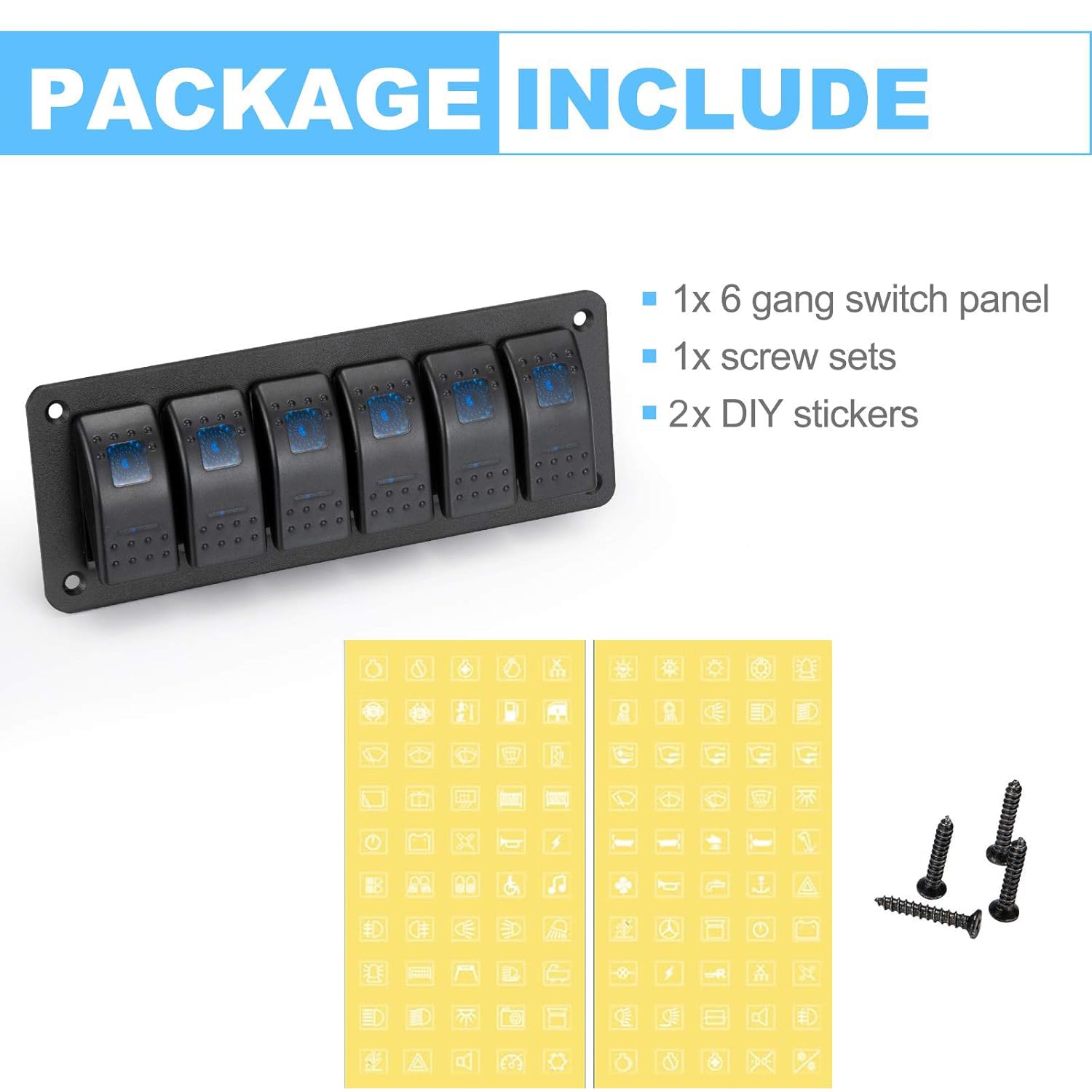 Vkander Pannello Interruttori A Bilanciere 6 Bande Con Voltmetro LED E USB - IP65 Impermeabile Per 12V-24V Auto, Barca, Camper