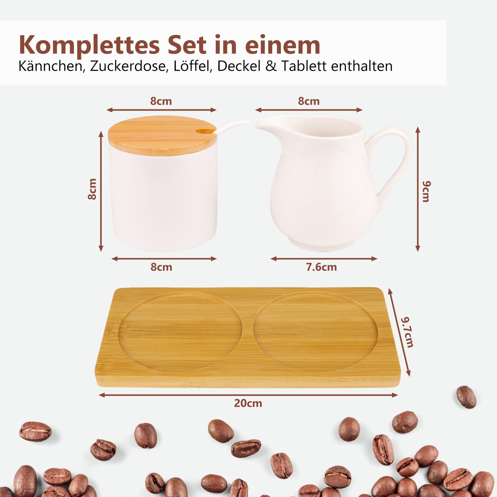 Set di latte e zucchero con coperchio e cucchiaio, brocca per latte in ceramica bianca e zuccheriera con vassoio in legno, lavabile in lavastoviglie e microonde
