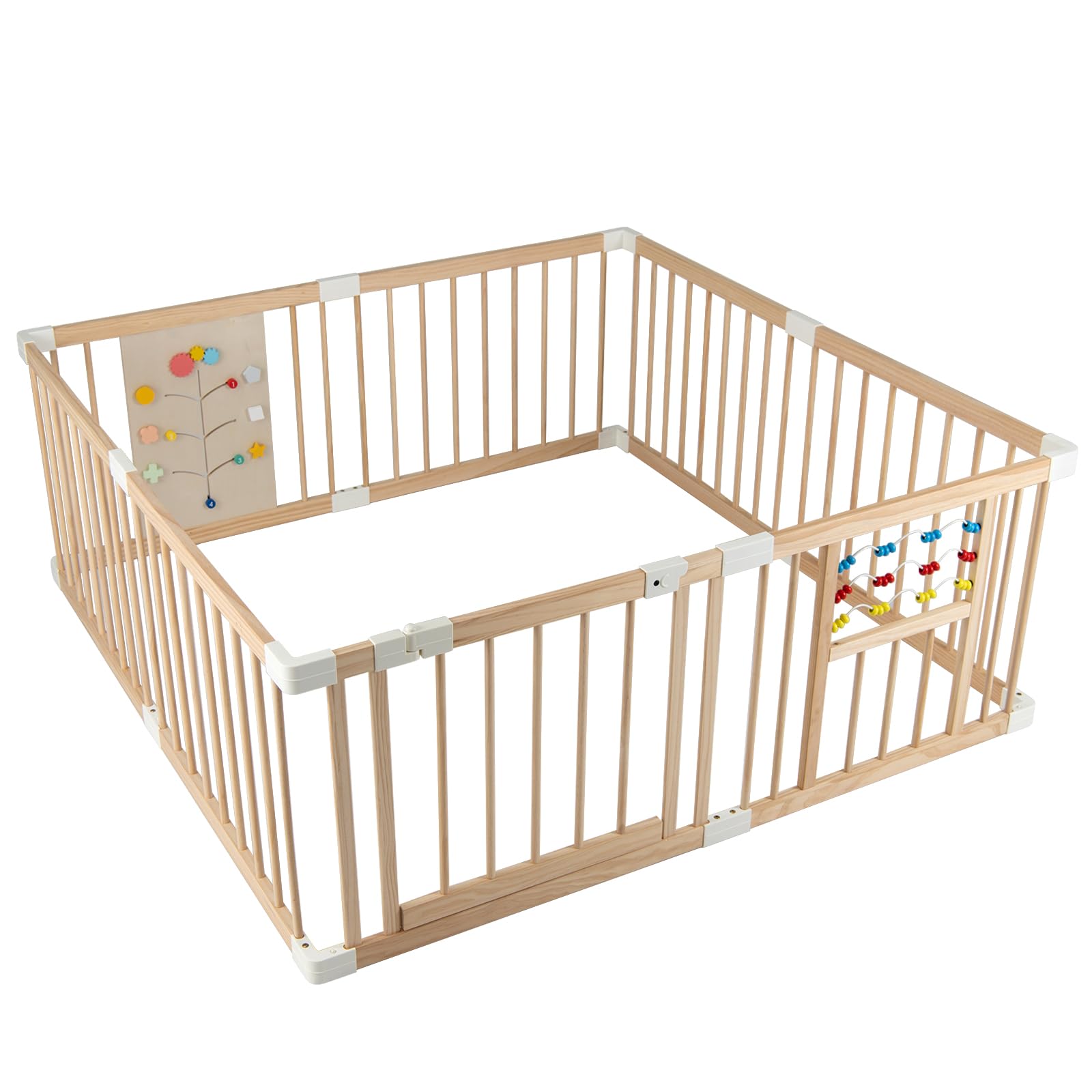 RELAX4LIFE Parc Bébé en Bois Pliable Montessori, Barrière de Sécurité 8 PCS | en Bois Non Peint avec Panneau d'Activités, Portillon de Sécurité, Barreaux Écartés 6cm, Gain de Place, 160x160cm