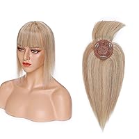 Vista 22 de MY-LADY Base monofónica natural con flequillo, castaño medio, cabello humano 100% real, clip, recto, parte media, 18 pulgadas #4