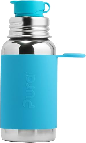 Pura Botella deportiva aislada de 18 onzas  18.6 fl oz con funda deportiva y parte superior deportiva de silicona de boca grande, acero inoxidable,