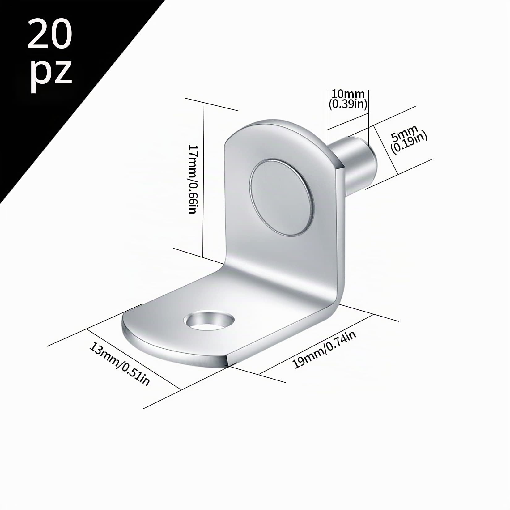 20 Pezzi Pioli di Supporto per Mensola, Reggimensola Pioli per Ripiano in Acciaio Inox Forma L, Staffe per Mensole per Armadi, Vetrine, Mobili, Librerie - 5mm