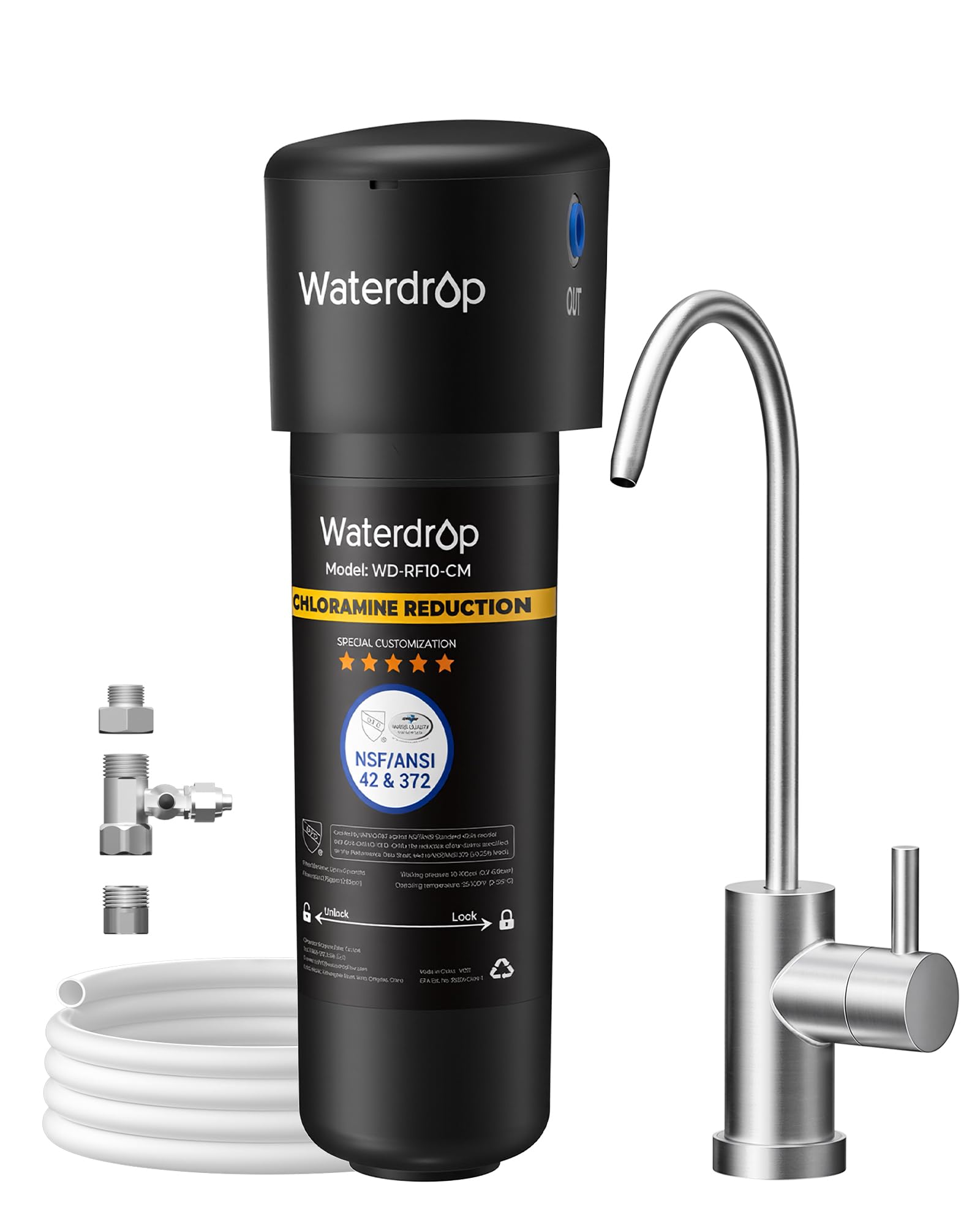 Waterdrop 10UB-CM 6-Month Under Sink Water Filter to Reduce 99% Chloramine, Ideal for California, Florida and Washington, NSF/ANSI 42 Certified, Nickel Faucet