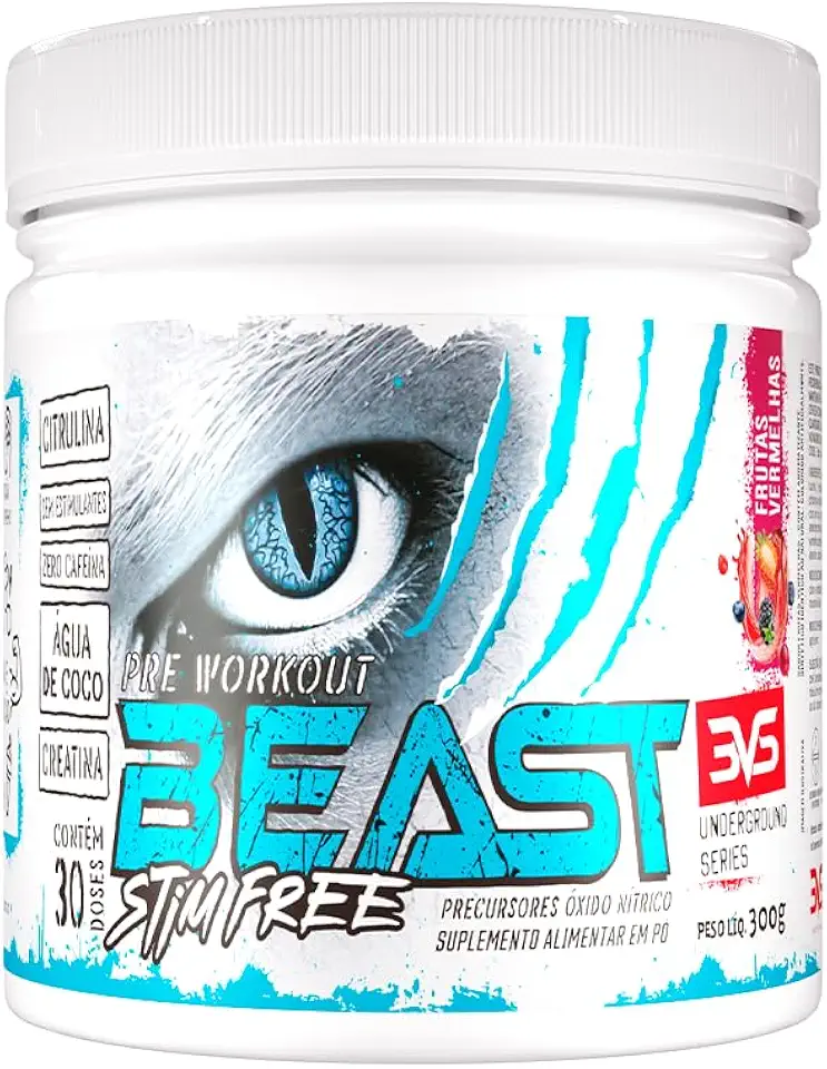 3VS Nutrition Pre Treino BEAST STIM FREE 300g - Sem Cafeína - Com Citrulina, Beta Alanina, Creatina, Arginina, Taurina e Tirosina 300gr, Sabor Frutas Vermelhas
