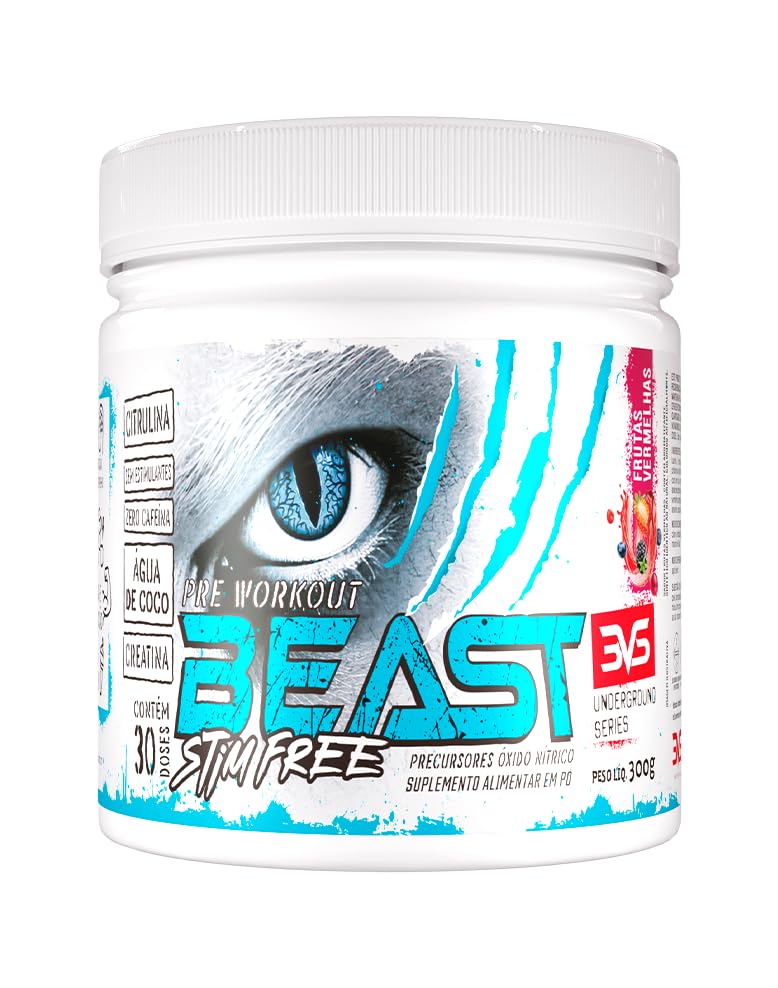 3VS Nutrition Pre Treino BEAST STIM FREE 300g - Sem Cafeína - Com Citrulina, Beta Alanina, Creatina, Arginina, Taurina e Tirosina 300gr, Sabor Frutas Vermelhas