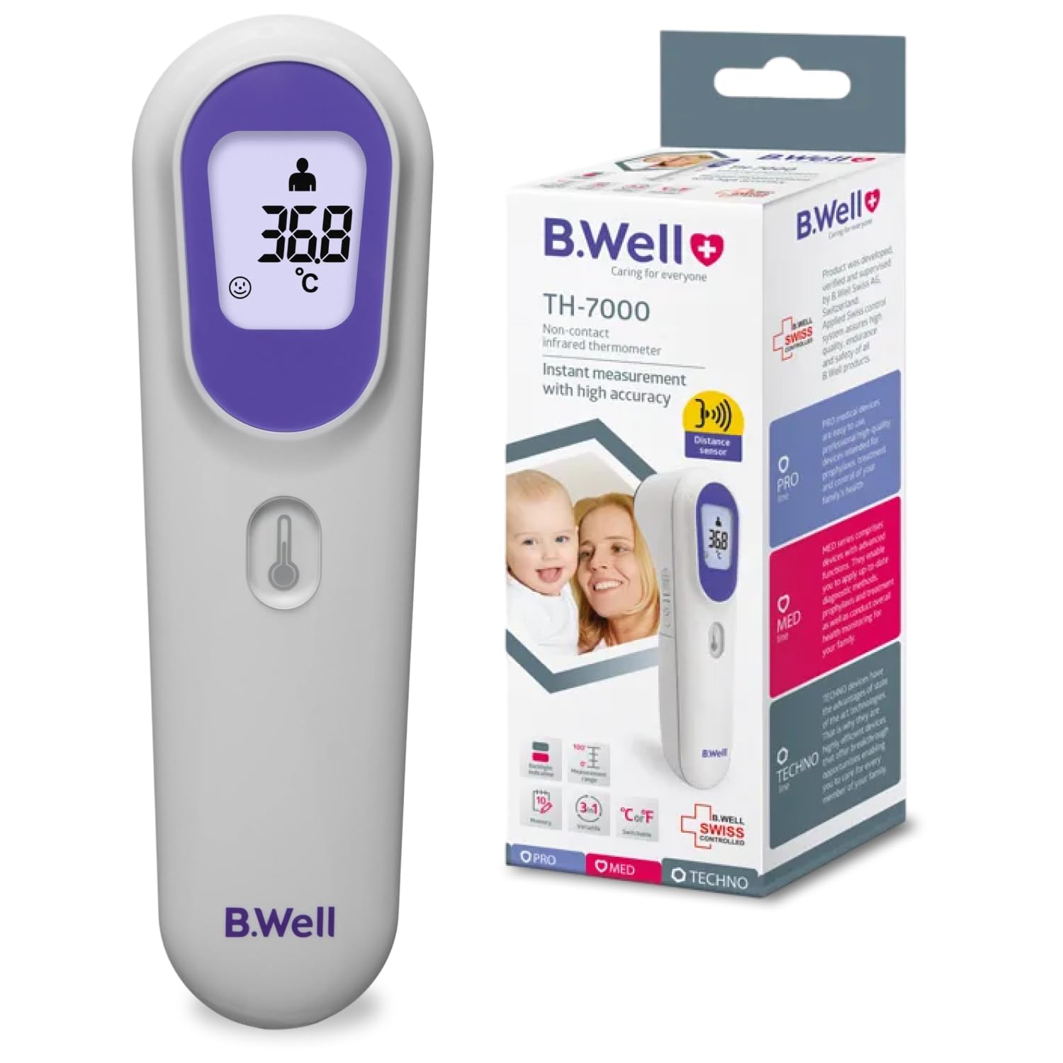 Thermomètre Infrarouge B.Well TH-7000 | Sans Contact 3en1 Médical | Qualité suisse, Capteur de distance intégré pour mesure précise sans contact du corps, objets et température ambiante