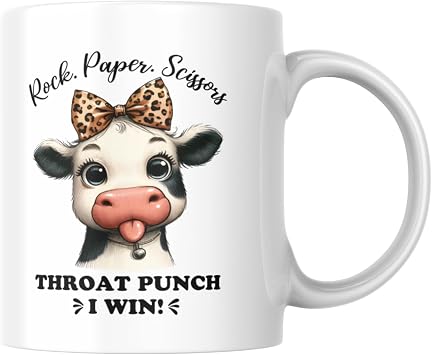 Rock Paper Scissors Throat Punch I Win Funny Coffee Mug 11oz, Sarcastic Game Humor Novelty Mug, Double Sided Printed White Ceramic Cup for Competitive Friends