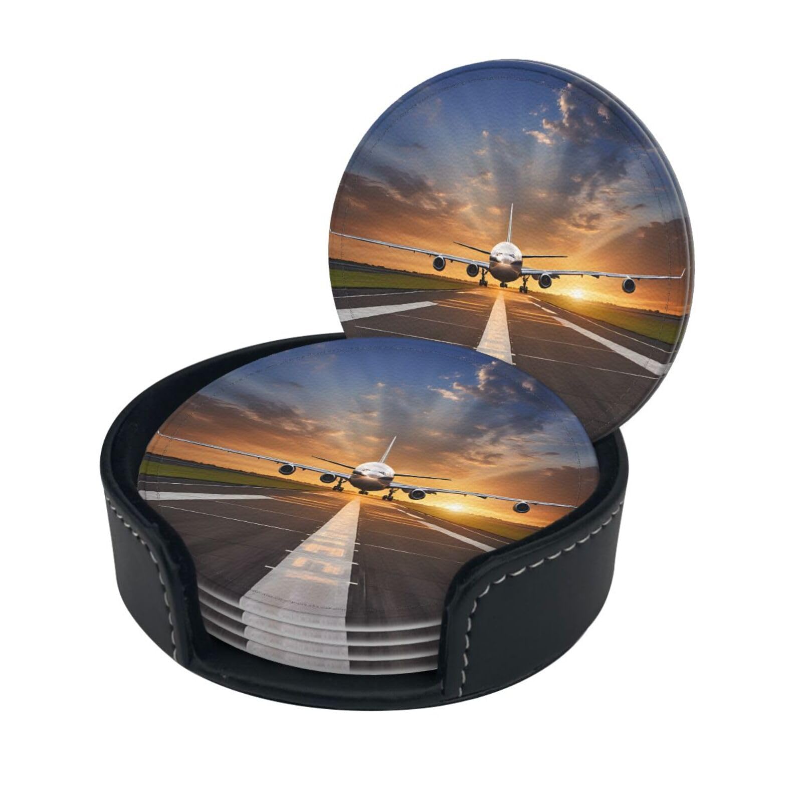 Airport Print Print Coaster,Round Leather Coasters with Storage Box for Wine Mugs,Cold Drinks and Cups Tabletop Protection (6 Piece)