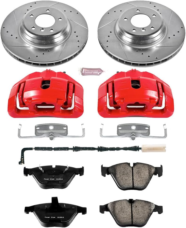 PowerStop Front Brake & Caliper Kit For BMW 335d 2009-10 | BMW 335i 2007-10 - Powder Coated Calipers + Carbon Fiber Ceramic Brake Pads + Drilled & Slotted Rotors Upgrade, KC5281