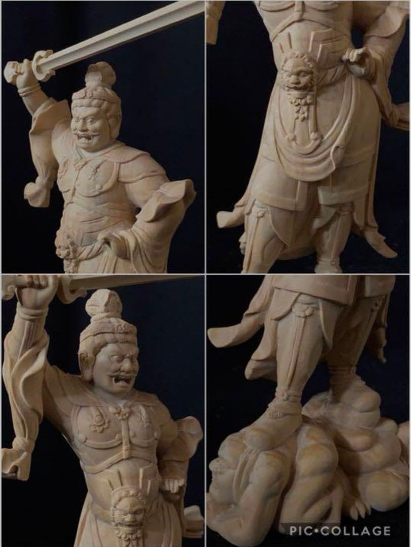 井波彫刻 仏教工芸品 総柘植材 木彫仏像 仏師手仕上品 四天王立像