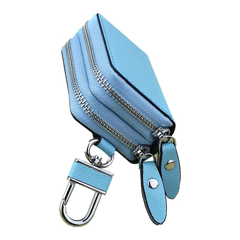 Estojo para Chave de Carro em Couro Genuíno Berfi Life com Zíper Duplo e Mosquetão Azul Regular 7,8 x 5 cm, 1 unidade
